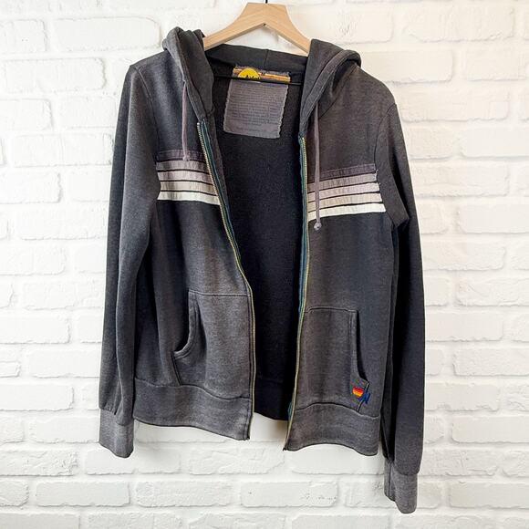 Aviator Nation 5 Stripe Hoodie Faded Smoke Gray Zip Up Medium - Flaw - Picture 7 of 11